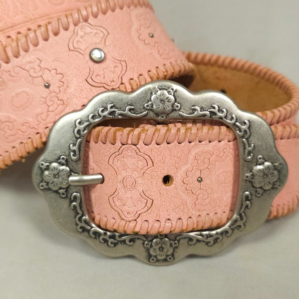 Fossil Western Belt Women Medium Pink Leather Woven Tooled Rhinestone Studded - Picture 2 of 12